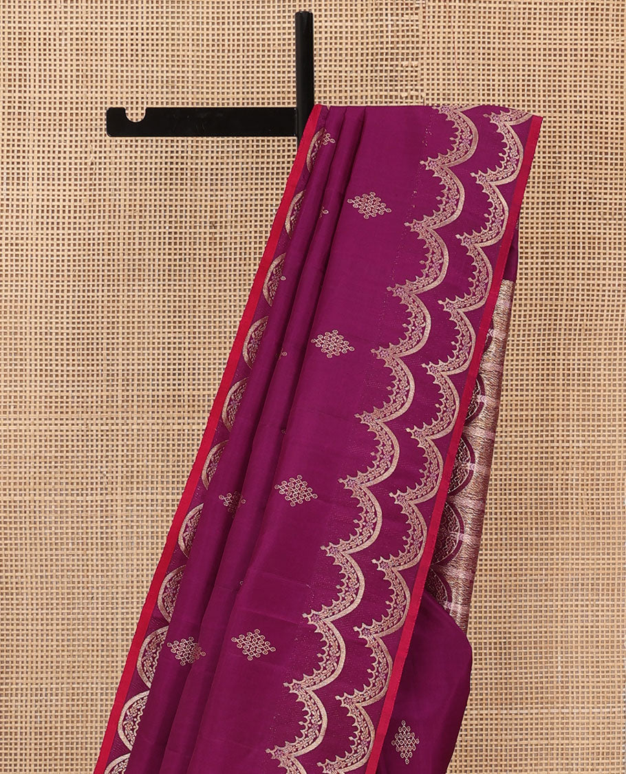Purple kolam buttas Kanchipuram silk saree, zari scallop border & pallu of scallop vanki designs in zari