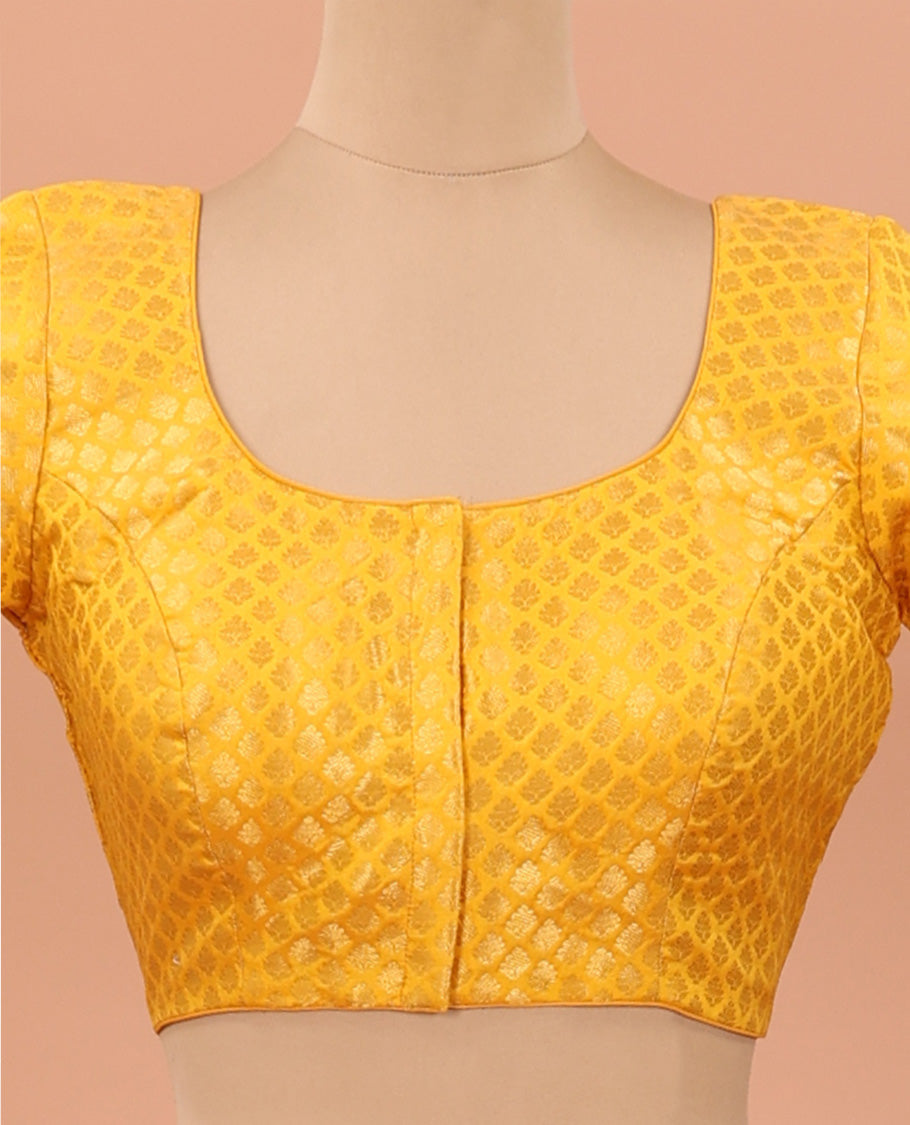 Mango yellow zari jacquard front-back round neck elbow sleeve readymade blouse