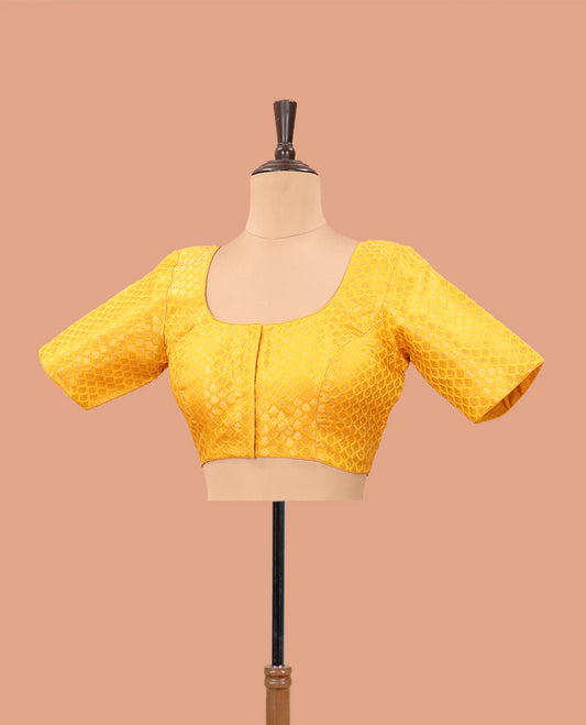 Mango yellow zari jacquard front-back round neck elbow sleeve readymade blouse