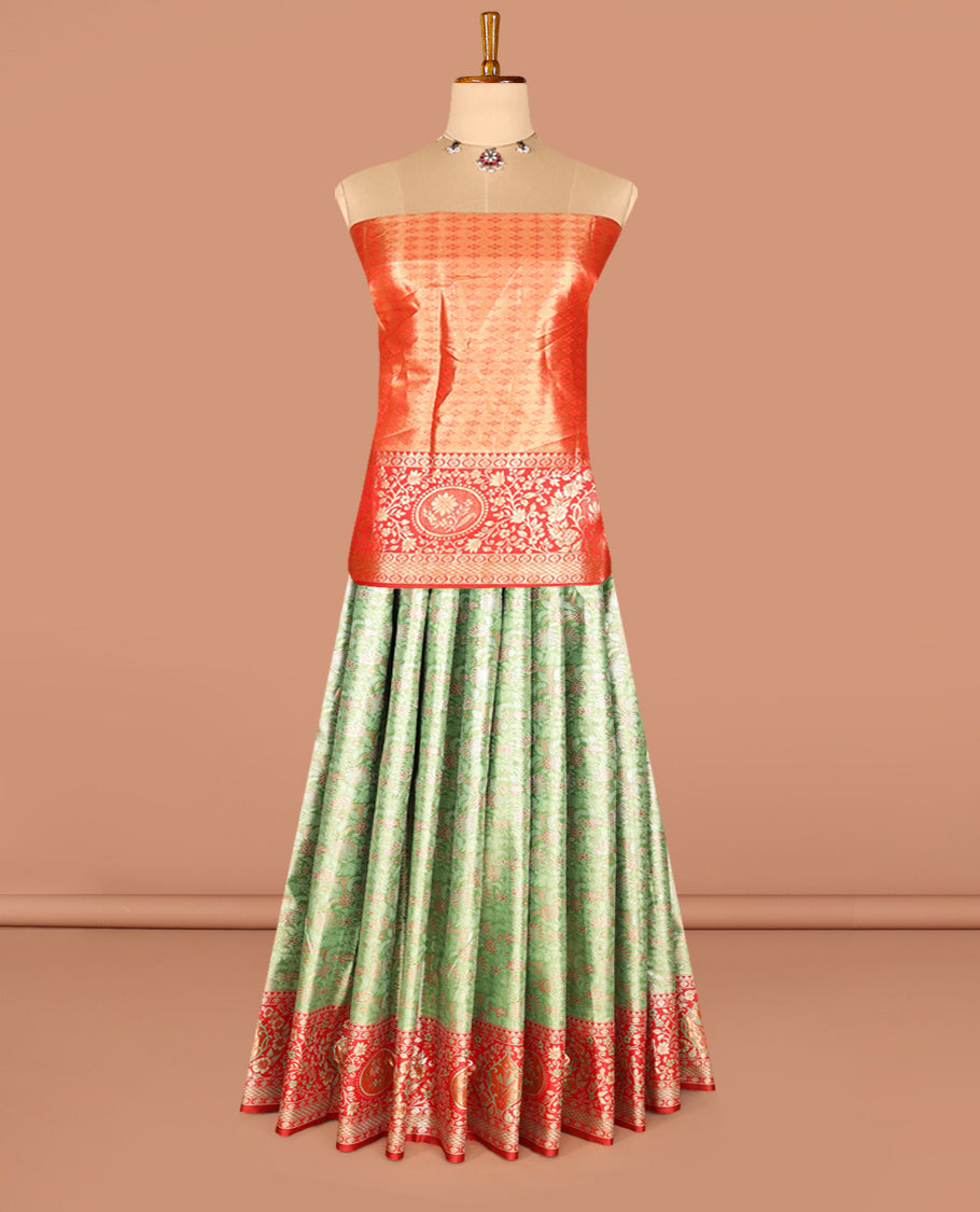 Green Art Silk Half-Saree, Decked Up with Jacquard Design, Contrast Intricate Zari Border, Paired with a Contrast Jacquard Blouse, and an Intricate Dhavani