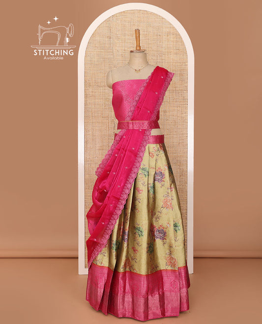Yellow lehenga set, floral print with contrast traditional zari border skirt, jacquard contrast blouse and scallop embroidered dhavani
