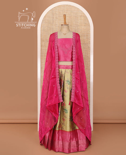 Yellow lehenga set, floral print with contrast traditional zari border skirt, jacquard contrast blouse and scallop embroidered dhavani
