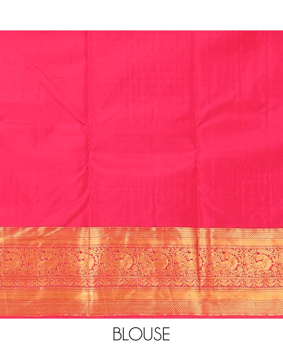 Ultramarine blue checked and zari buttas silk saree, contrast border of mayil kann, banaras, vanki, neli, and mayil, and jaal pallu
