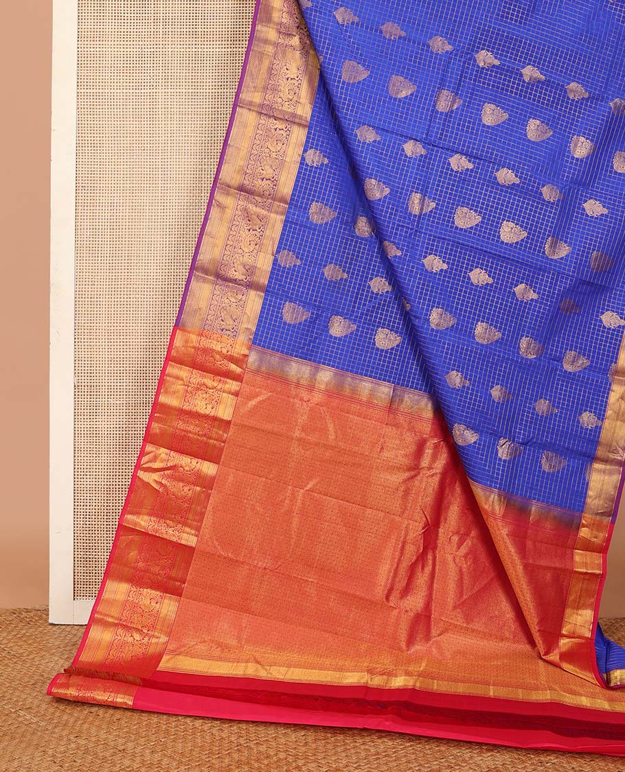 Ultramarine blue checked and zari buttas silk saree, contrast border of mayil kann, banaras, vanki, neli, and mayil, and jaal pallu
