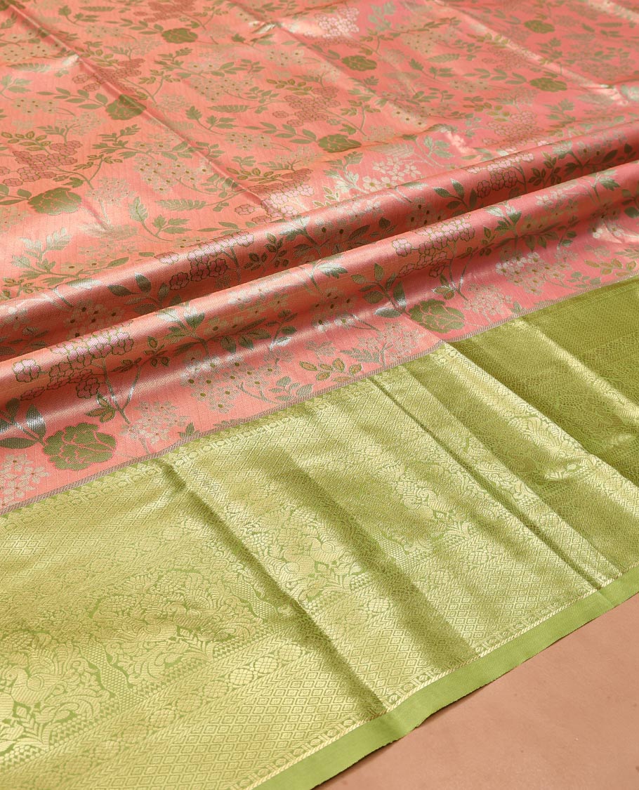 Peach Art Silk Material Half Saree Set, Delicately Woven with Jacquard Design Skirt, a Contrast Traditional Zari Design Border, Contrast Blouse, and an Intricate Dhavani
