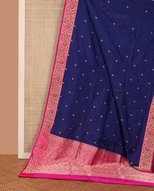 Navy blue floral motifs woven katan silk saree, contrast floral creeper border, and jaal pallu