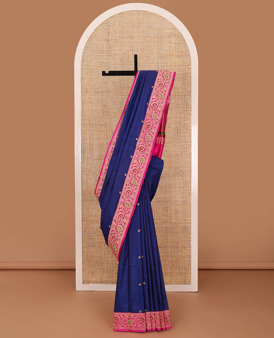 Navy blue floral motifs woven katan silk saree, contrast floral creeper border, and jaal pallu