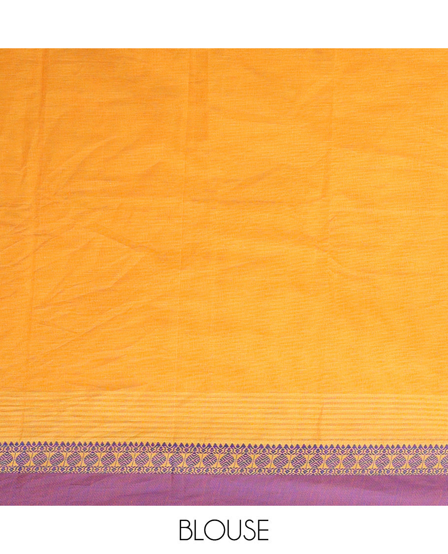 Mustard buttas kanchi cotton saree, contrast traditional motifs border, and pallu of paisley designs