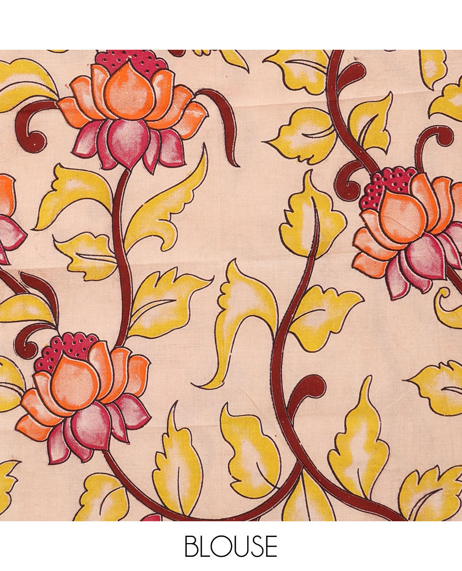 Pink sparesly striped Mangalagiri Cotton saree, traditional border, zari pallu, and contrast lotus printed blouse