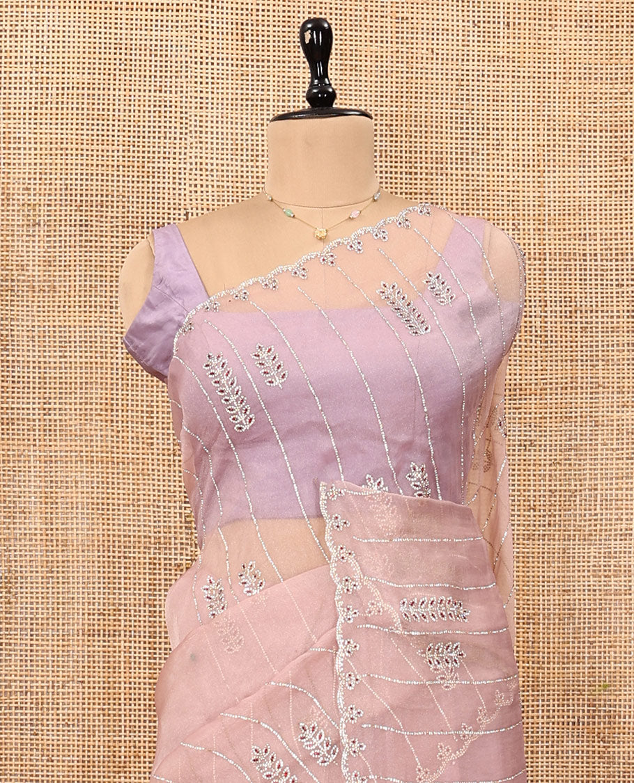 Peach Swarovski and Meena Stonework Organza Designer Saree with Scallop Border, Matching Blouse