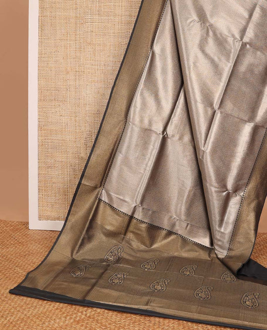 Brown  jacquard softy saree with contrast zari design border & floral design pallu