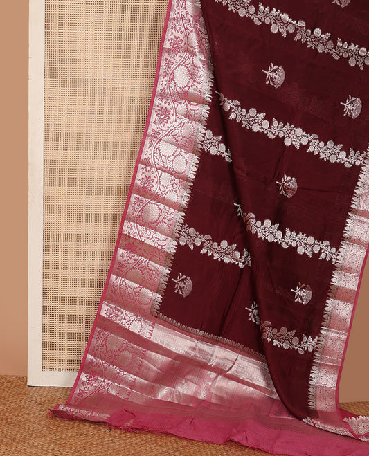 Maroon floral buttas, and diagonal striped silk saree, contrast traditional zari border of floral creeper design & Mughal floral design pallu