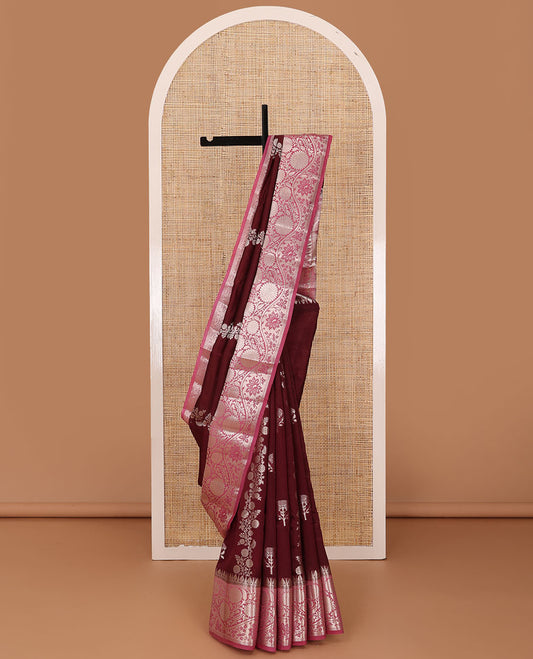 Maroon floral buttas, and diagonal striped silk saree, contrast traditional zari border of floral creeper design & Mughal floral design pallu