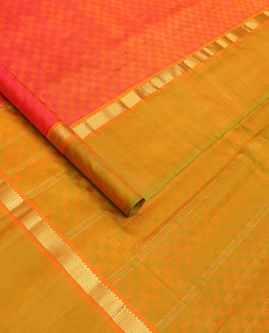 Orange Checked Kanchipuram Silk Saree, Complemented by Contrast Kal Erangina Border of Rekku, and Banaras Designs, Zari Design Woven Pallu, and Paired with a Contrast Blouse