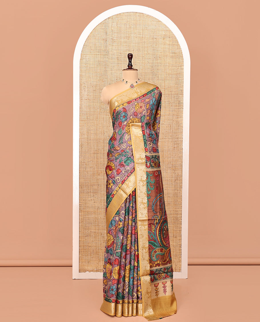 Purple Kalamkari Saree, Decorated with Floral Print, Complemented by Contrast Zari Border, Pallu of Fauna Motifs, and a Contrast Blouse