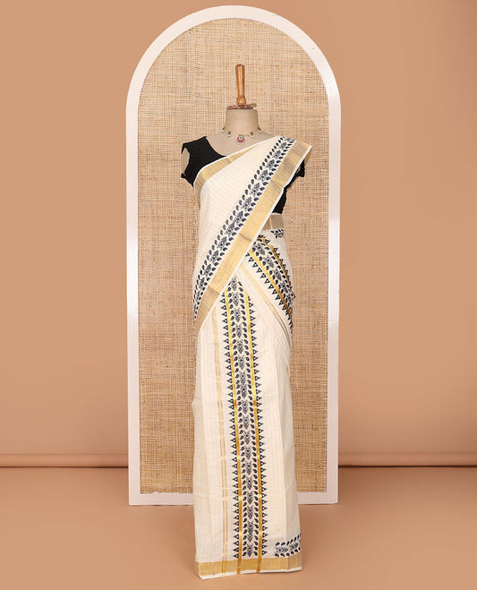 Cream striped & floral-leaf printed Kerala mundu set, zari border