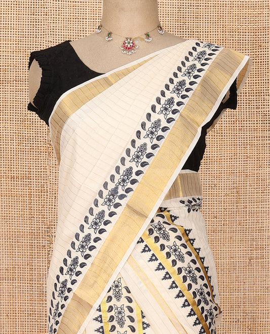 Cream striped & floral-leaf printed Kerala mundu set, zari border