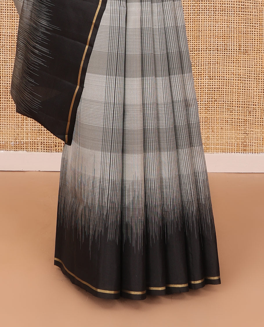 Grey check soft silk saree, contrast temple border & striped pallu