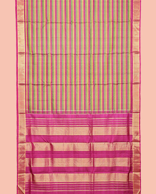 Multi-Color Nine-Yard Silk Saree, Steeped in Richness of Stripes and Zari Designs, Zari Border of Ara Maadam Designs, Pallu of Ara Maadam Designs, and Contrast Blouse