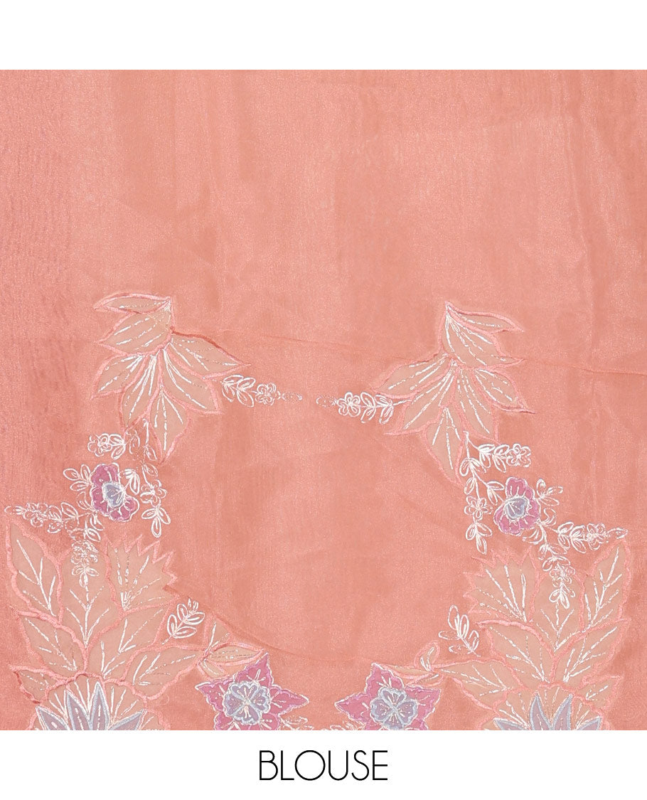 Onion pink tropical floral motifs thread embroidered organza saree, scallop border, and floral embroidered pallu