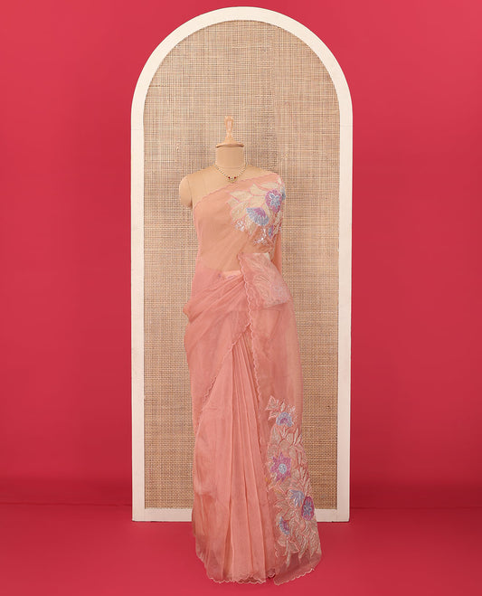 Onion pink tropical floral motifs thread embroidered organza saree, scallop border, and floral embroidered pallu