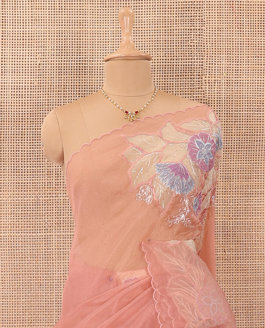 Onion pink tropical floral motifs thread embroidered organza saree, scallop border, and floral embroidered pallu