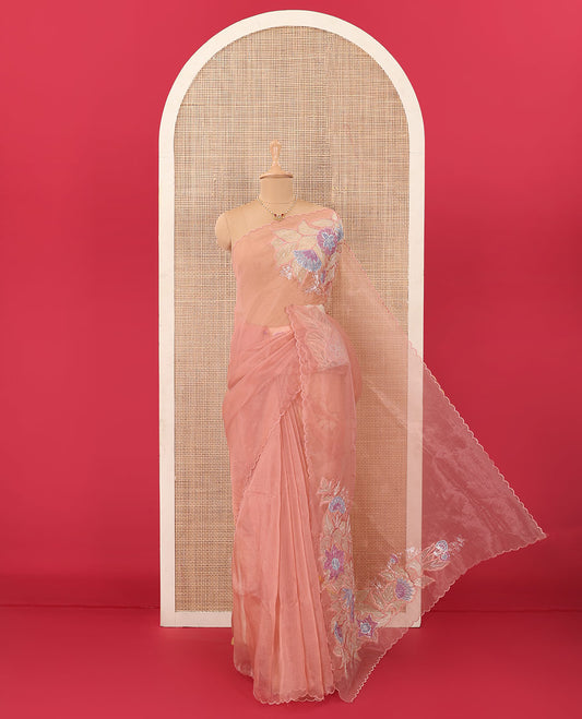 Onion pink tropical floral motifs thread embroidered organza saree, scallop border, and floral embroidered pallu