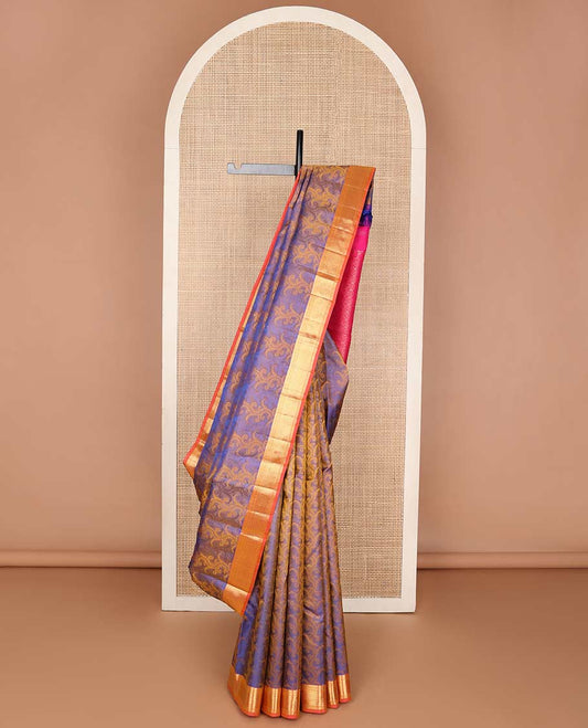 Blue floral vine design silk saree with contrast border of thilakam mokku, paun, vanki design & floral pallu
