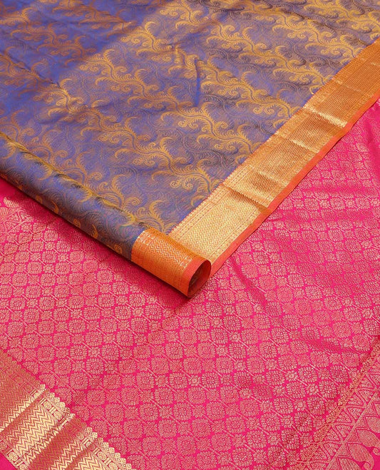 Blue floral vine design silk saree with contrast border of thilakam mokku, paun, vanki design & floral pallu