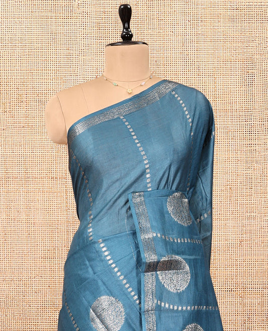 Blue Tussar Silk Saree, Finely Crafted with Zari Buttas and Stripes, a Piping Border, Jaal Pallu, and a Matching Blouse