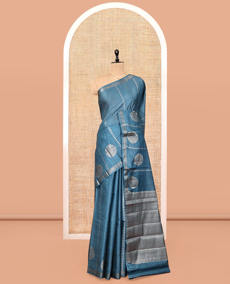 Blue Tussar Silk Saree, Finely Crafted with Zari Buttas and Stripes, a Piping Border, Jaal Pallu, and a Matching Blouse