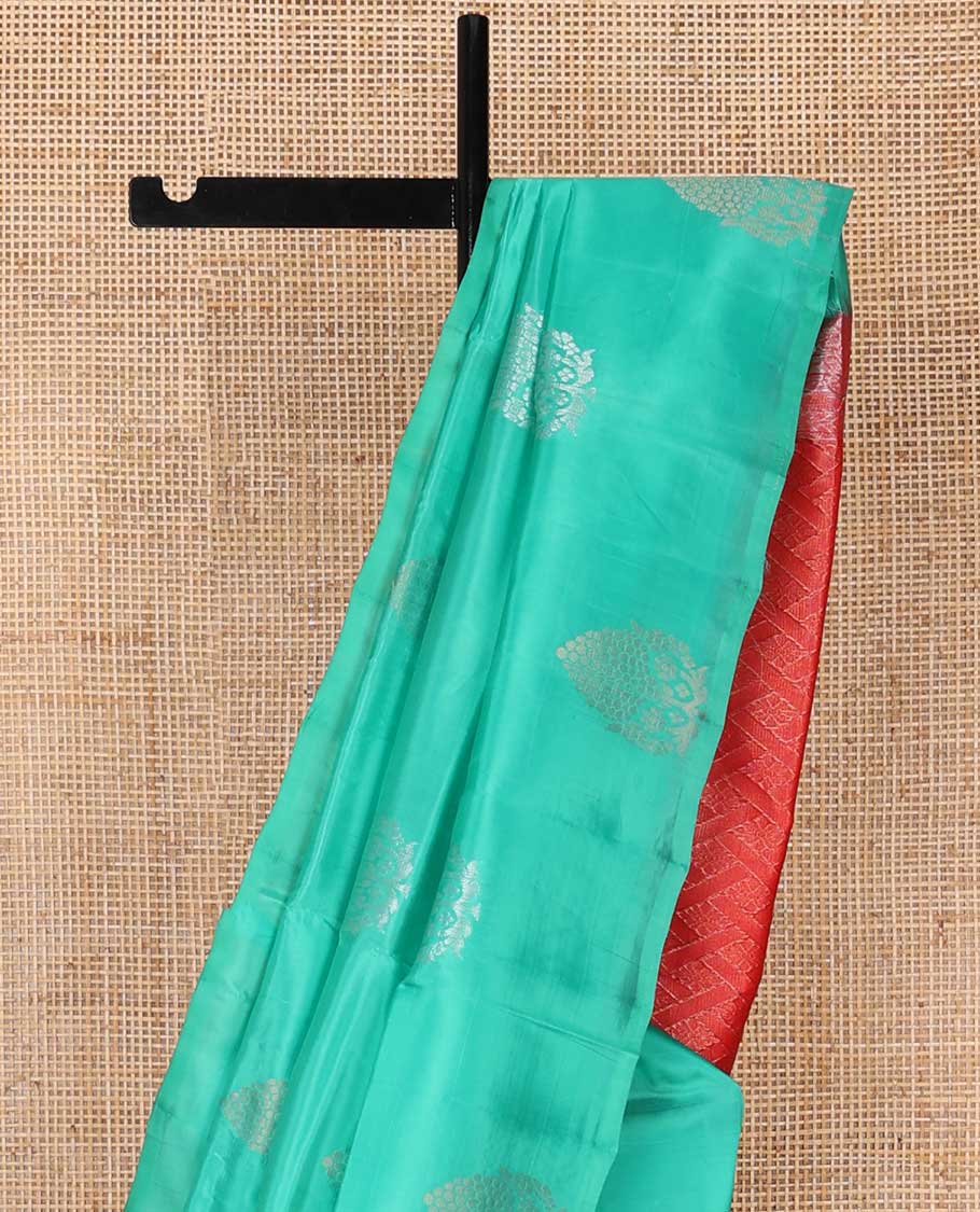 Borderless sea blue floral motifs uppada saree with geometric design pallu