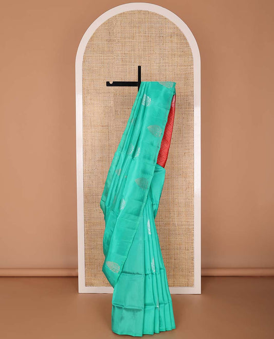 Borderless sea blue floral motifs uppada saree with geometric design pallu