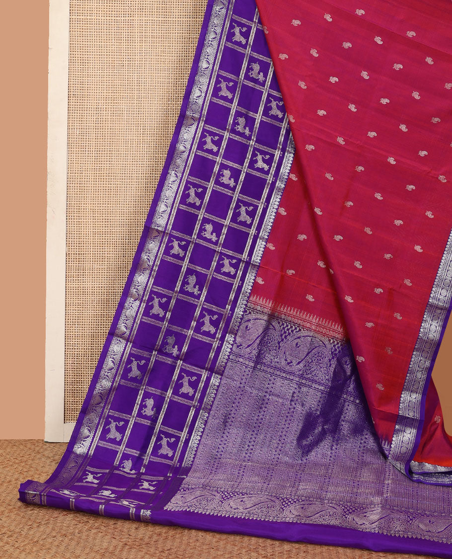 Red zari buttas Venkatagiri silk saree, contrast flora-fauna inspired kanchipuram zari border, and pallu steeepd with traditional designs