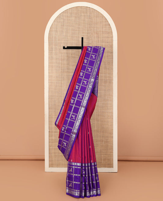 Red zari buttas Venkatagiri silk saree, contrast flora-fauna inspired kanchipuram zari border, and pallu steeepd with traditional designs