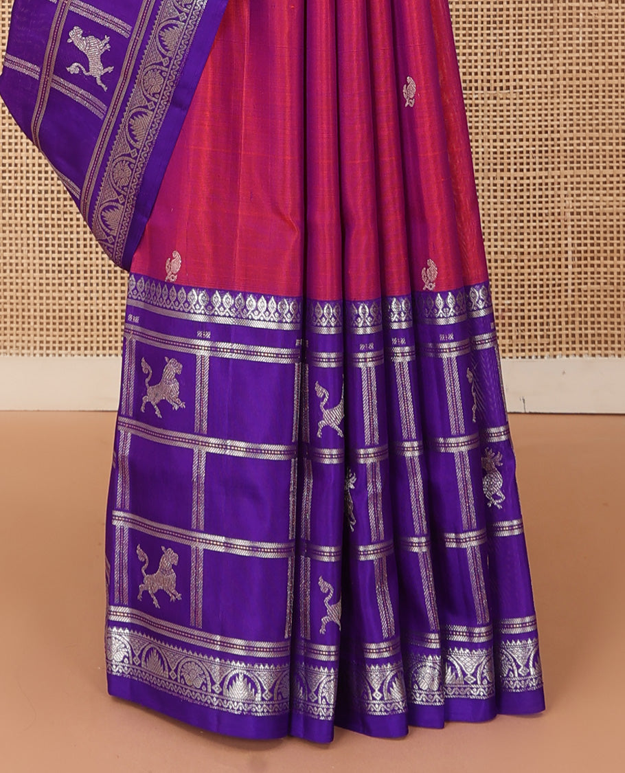 Red zari buttas Venkatagiri silk saree, contrast flora-fauna inspired kanchipuram zari border, and pallu steeepd with traditional designs