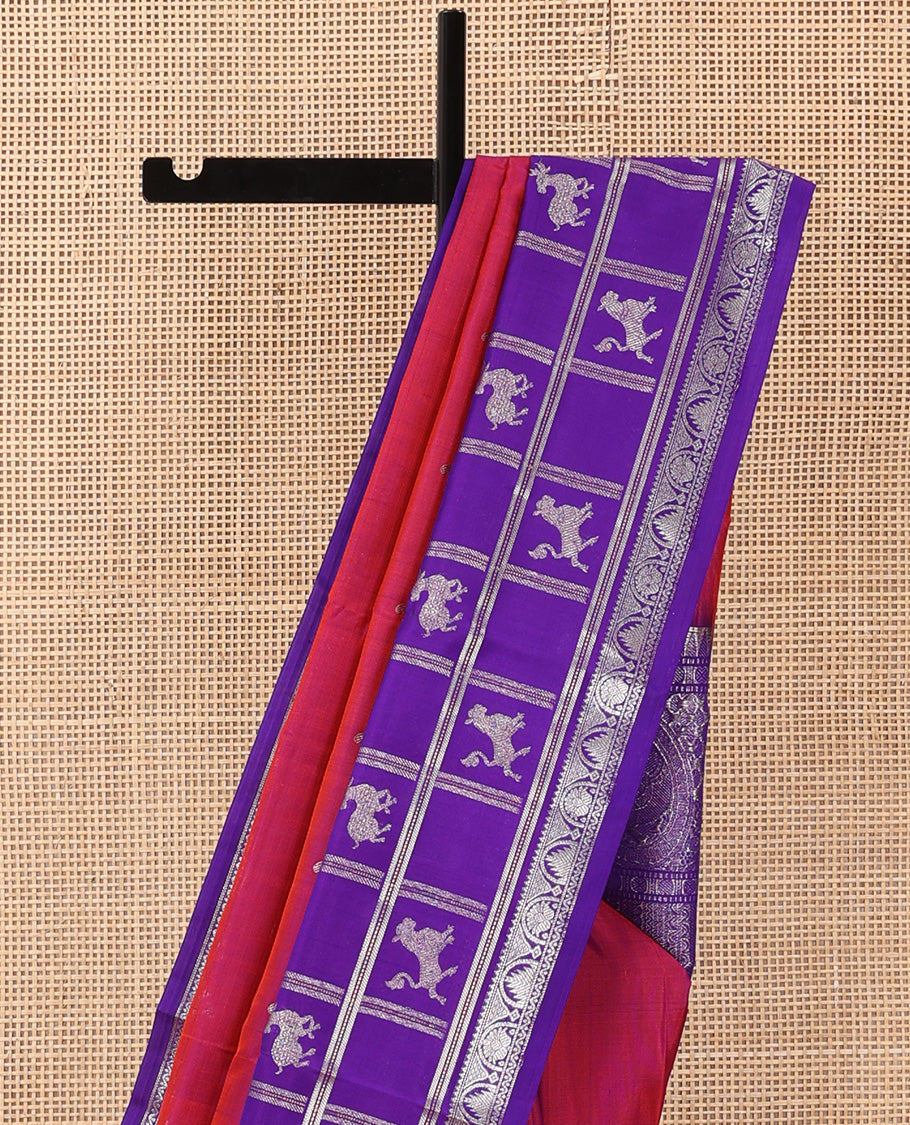 Red zari buttas Venkatagiri silk saree, contrast flora-fauna inspired kanchipuram zari border, and pallu steeepd with traditional designs