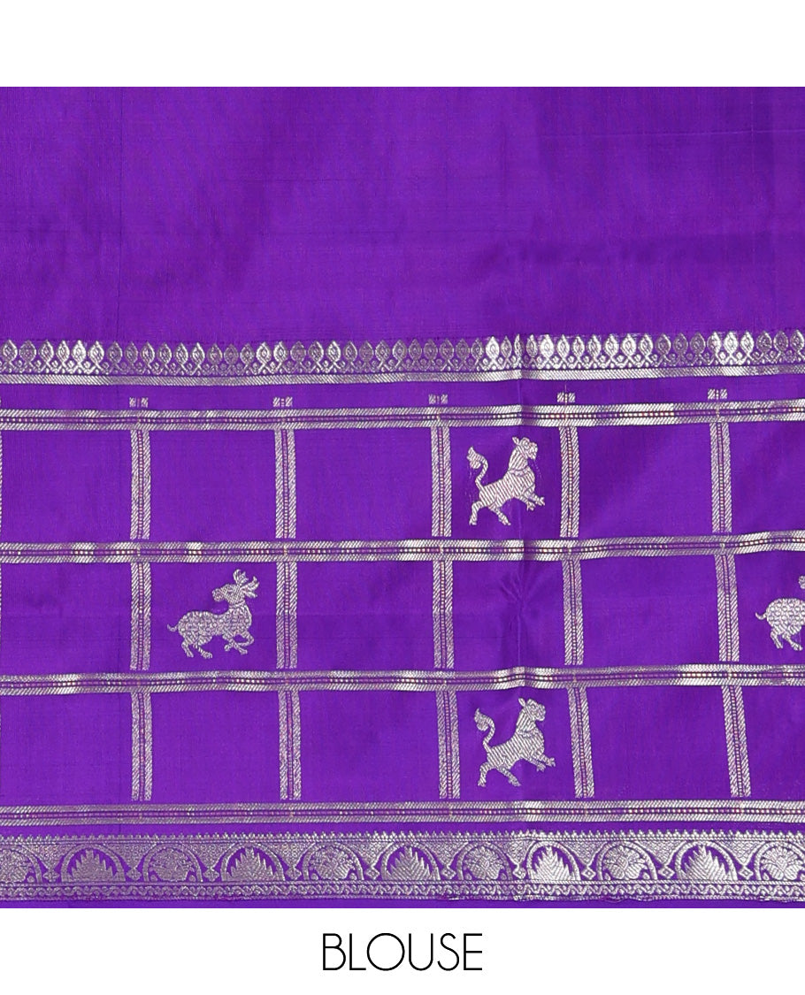 Red zari buttas Venkatagiri silk saree, contrast flora-fauna inspired kanchipuram zari border, and pallu steeepd with traditional designs