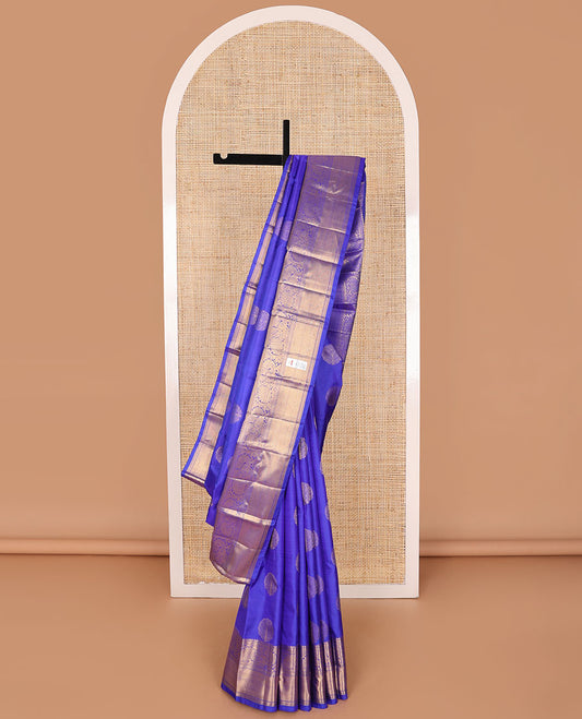 Blue buttas silk saree with self border of thilakam mokku, kathir, muthu, mayil, mayil kann design & zari design pallu
