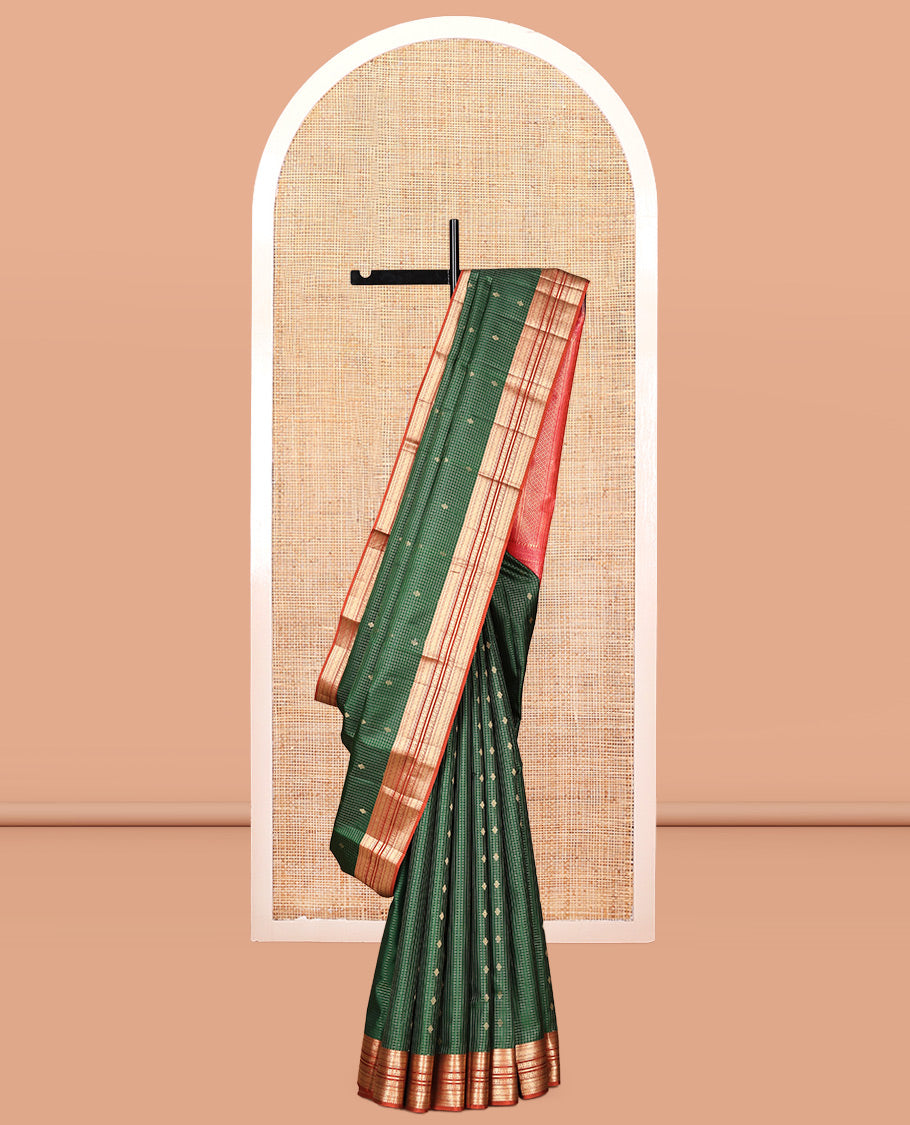 Green Vasundhara Silk Saree, Showcasing Zari Buttas and Checks, a Contrast Border of Thilakam, Kathir, Cross Kamalam, and Kodi Visiry Designs, Grand Pallu, and Contrast Blouse