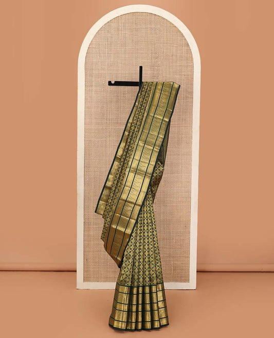 Green jacquard wedding silk saree, zari border of rekku, muthu, and manga designs, and intricate pallu