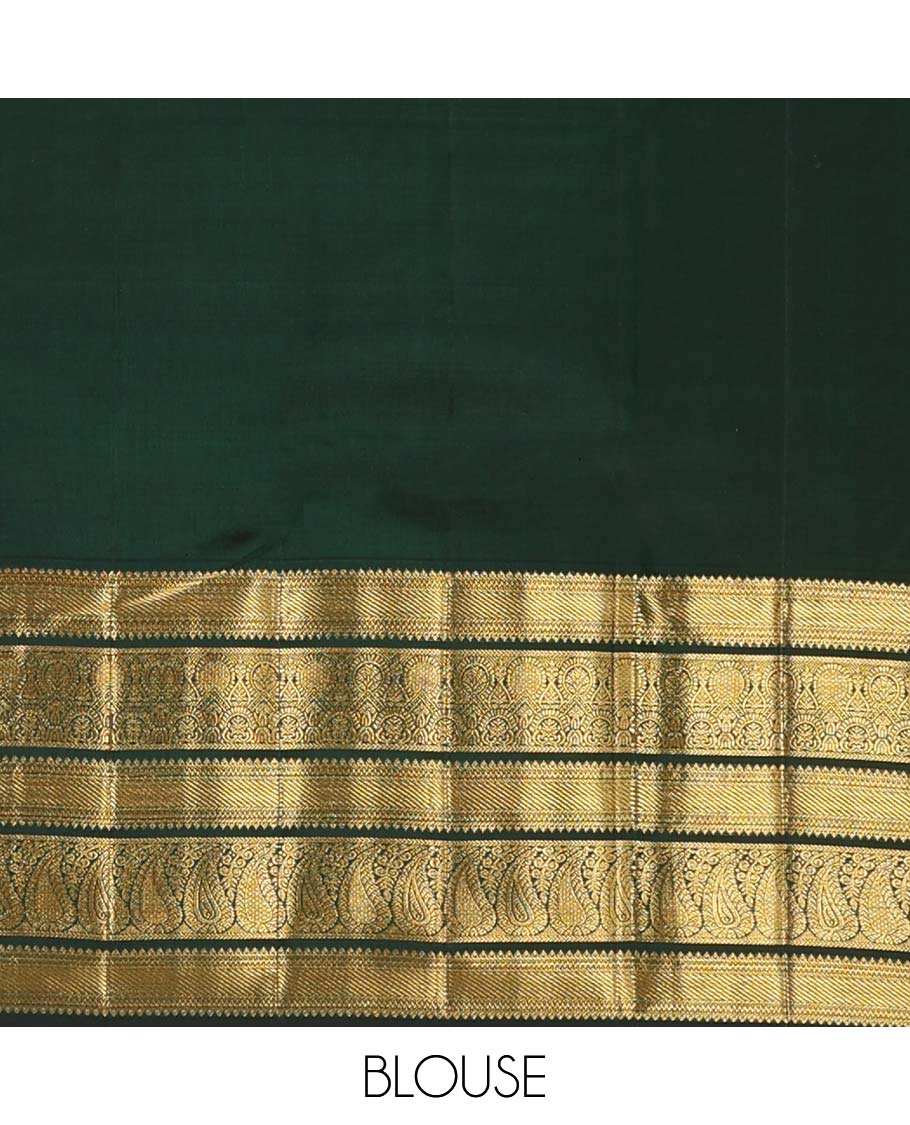 Green jacquard wedding silk saree, zari border of rekku, muthu, and manga designs, and intricate pallu