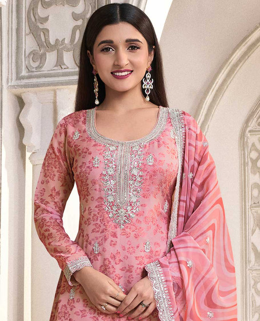 Red  floral printed chudidhar material set floral embroidery top with plain bottom & floral embroidery dupatta