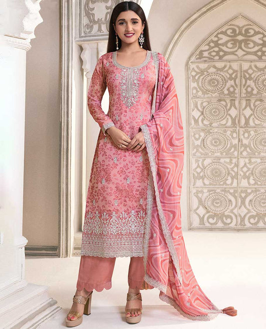 Red  floral printed chudidhar material set floral embroidery top with plain bottom & floral embroidery dupatta
