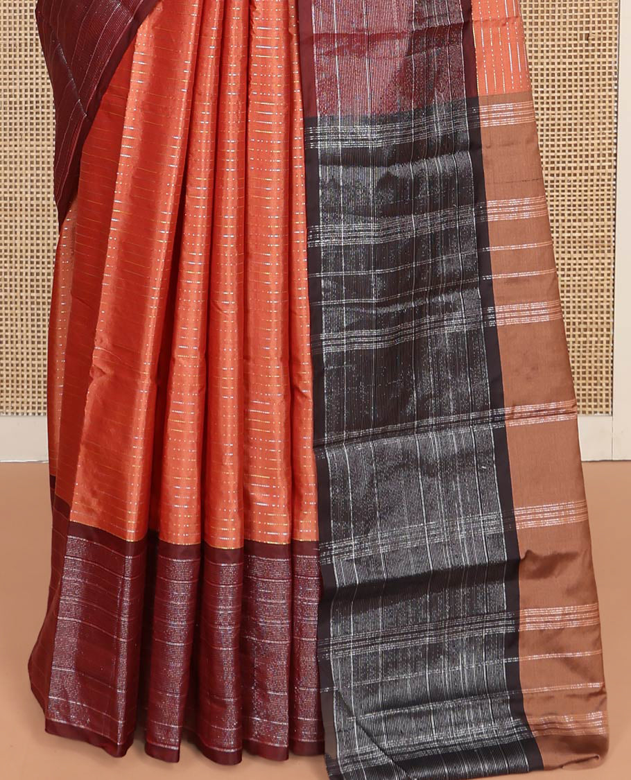 Orange Aarani Silk Saree, Woven with Zari Stripes on Its Body, Complemented by a Contrast Zari Striped Border, Pallu of Stripes, and Paired with a Contrast Blouse