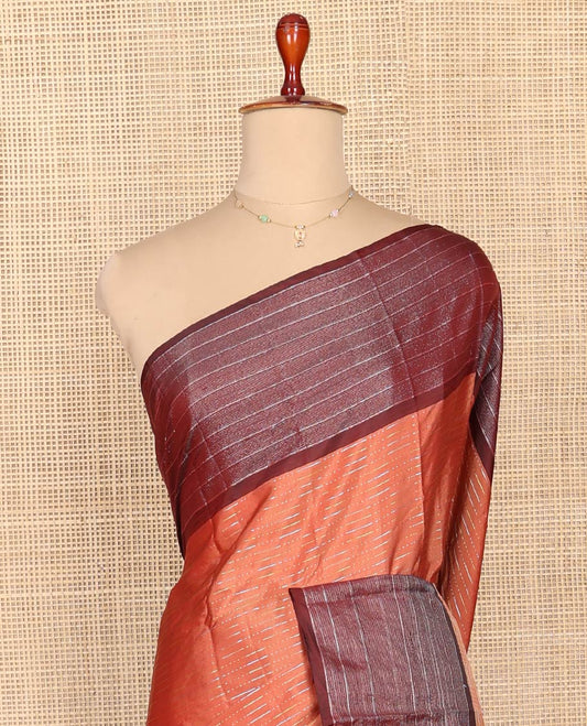 Orange Aarani Silk Saree, Woven with Zari Stripes on Its Body, Complemented by a Contrast Zari Striped Border, Pallu of Stripes, and Paired with a Contrast Blouse