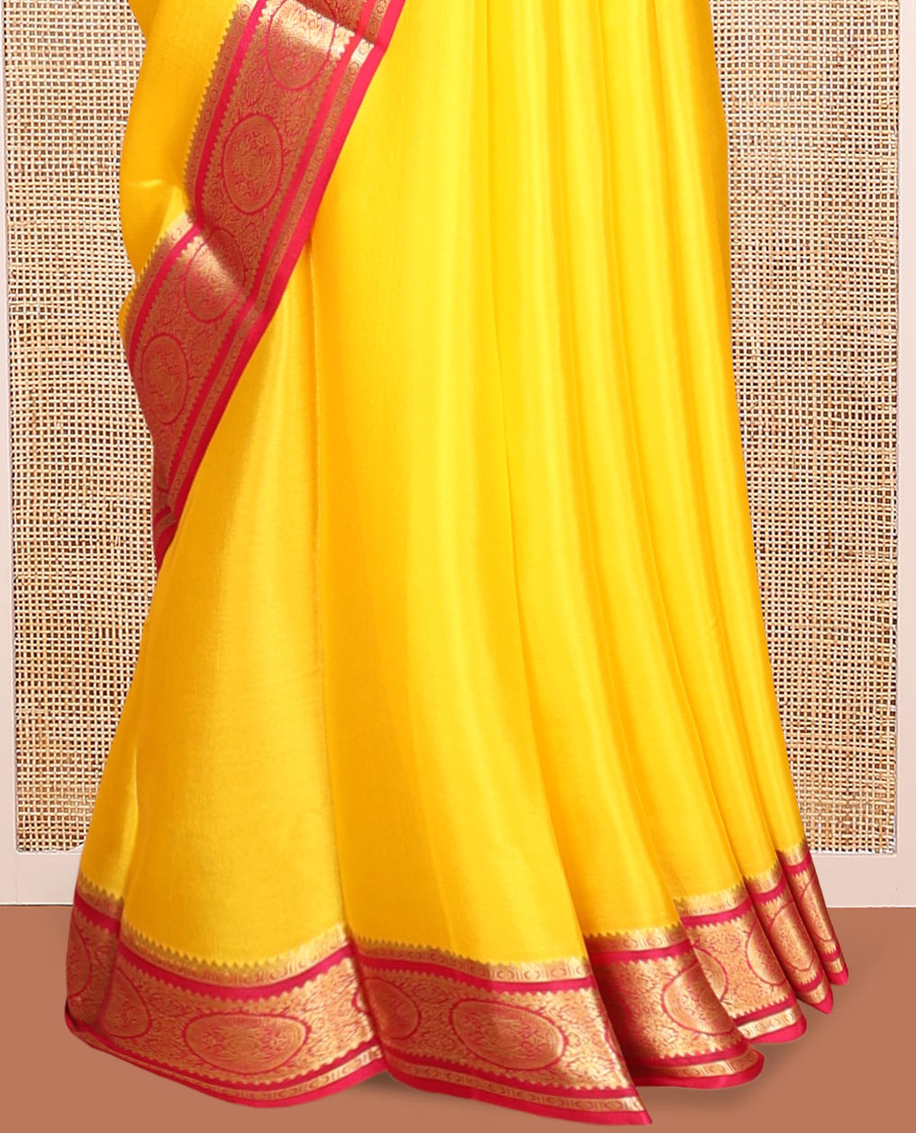 Yellow Plain Mysore Silk Saree, a Contrast Chakram Zari Border, Zari Striped Pallu, and a Contrast Blouse