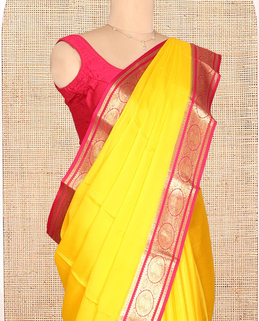 Yellow Plain Mysore Silk Saree, a Contrast Chakram Zari Border, Zari Striped Pallu, and a Contrast Blouse