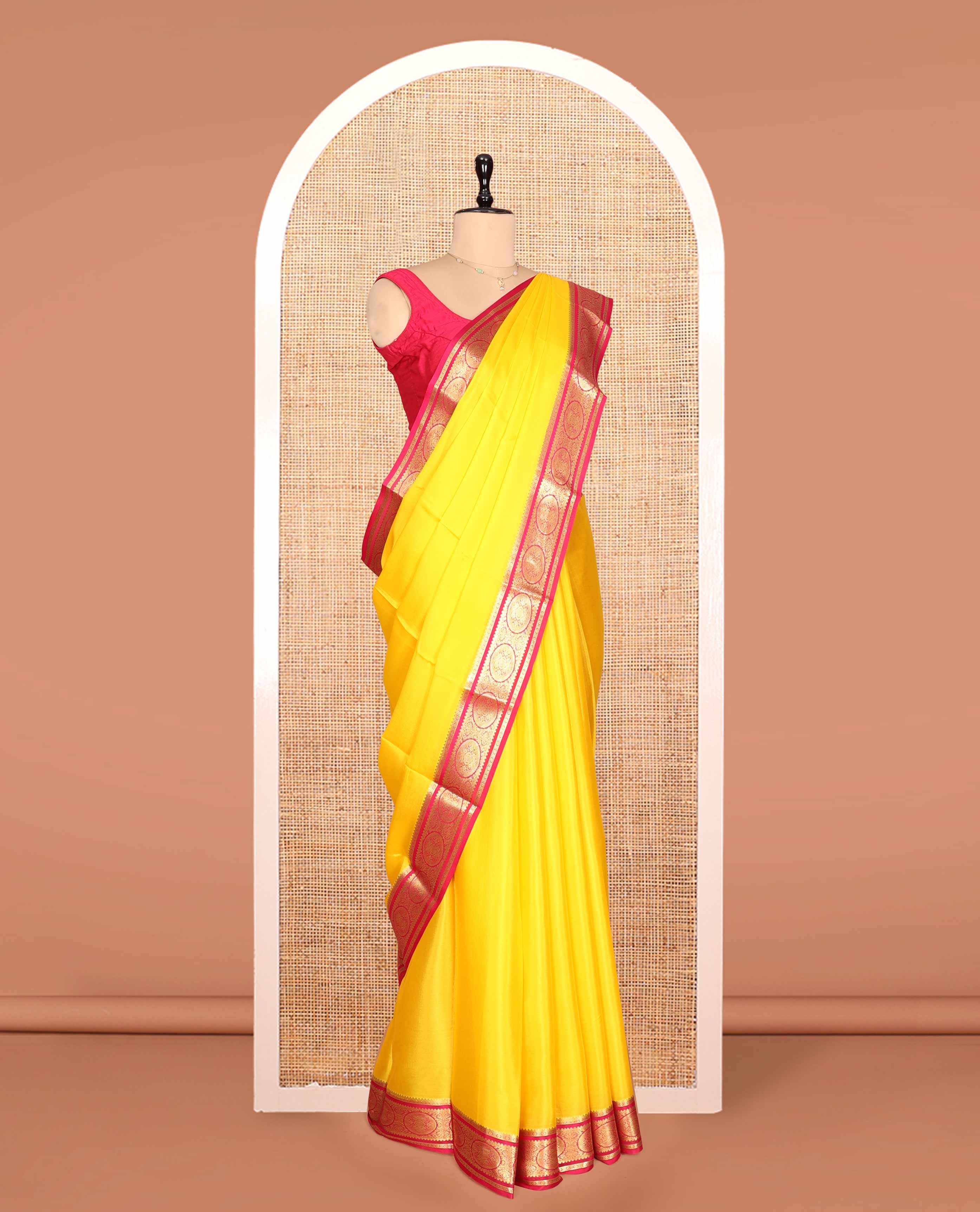 Yellow Plain Mysore Silk Saree, a Contrast Chakram Zari Border, Zari Striped Pallu, and a Contrast Blouse