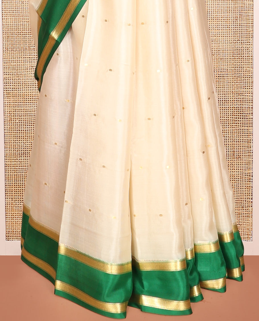 Cream Mysore Silk Saree, Embellished with Buttas, Complemented by a Contrast Traditional Zari Border, Zari Design Pallu, and a Contrast Blouse